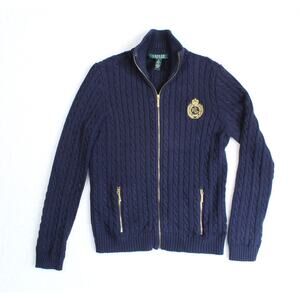 Ralph Lauren Cable Knit Full Zip Sweater Womens Medium Blue Gold Crest Preppy